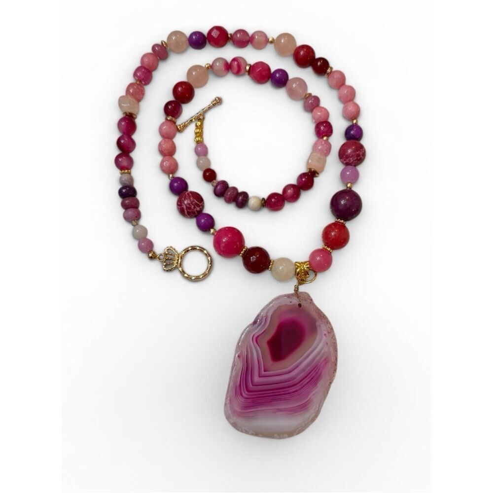 Handmade Pink Banded Agate Pendant Necklace Jade Quartz Agate Ruby Garnet Beads